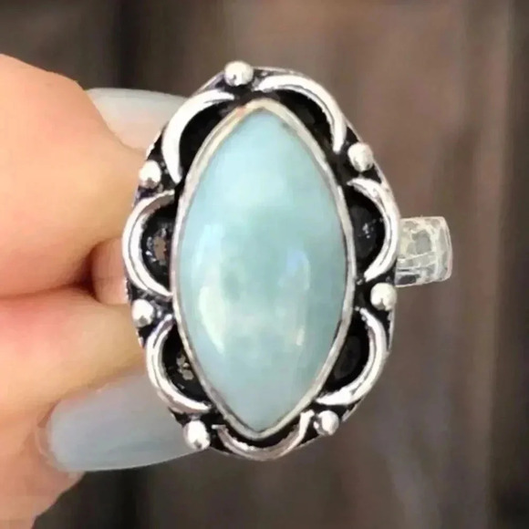 SIZE 8.5 Unique Ornate Real Larimar 925 Sterling Silver Ring - Picture 1 of 6